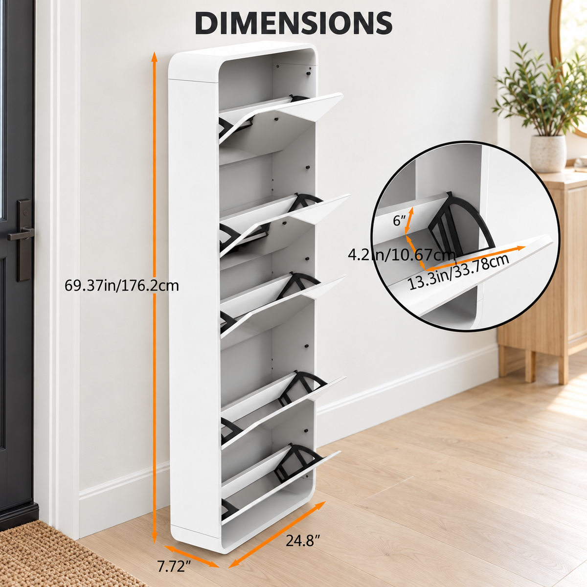 Slim Mirrored Shoe Cabinet with 5 Tilt-Out Compartments