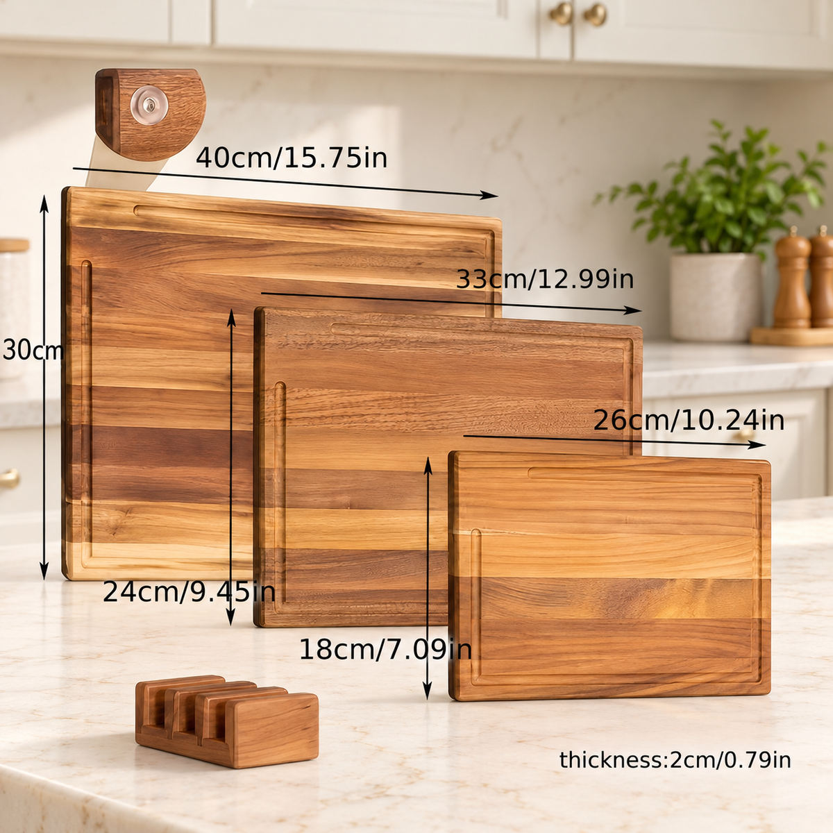 3-Piece Acacia Wood Cutting Board Set with Storage Stand