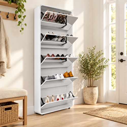 Slim Mirrored Shoe Cabinet with 5 Tilt-Out Compartments