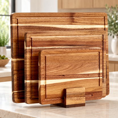 3-Piece Acacia Wood Cutting Board Set with Storage Stand