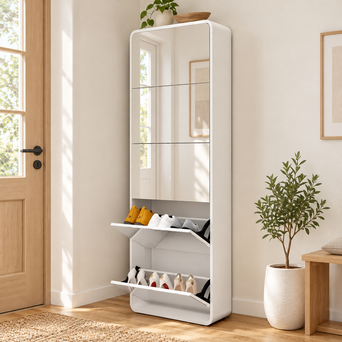 Slim Mirrored Shoe Cabinet with 5 Tilt-Out Compartments