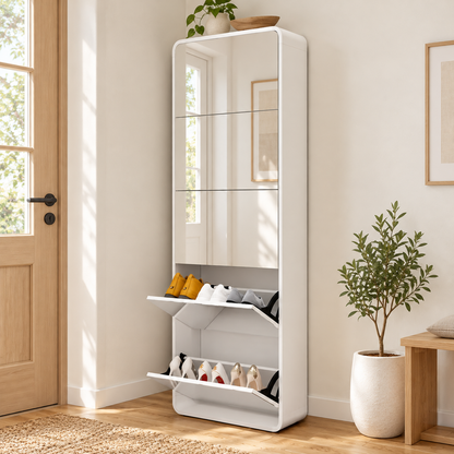 Slim Mirrored Shoe Cabinet with 5 Tilt-Out Compartments