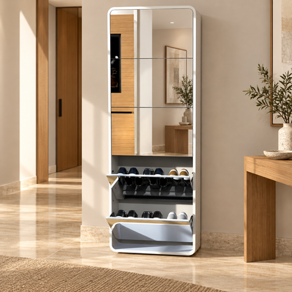 Slim Mirrored Shoe Cabinet with 5 Tilt-Out Compartments