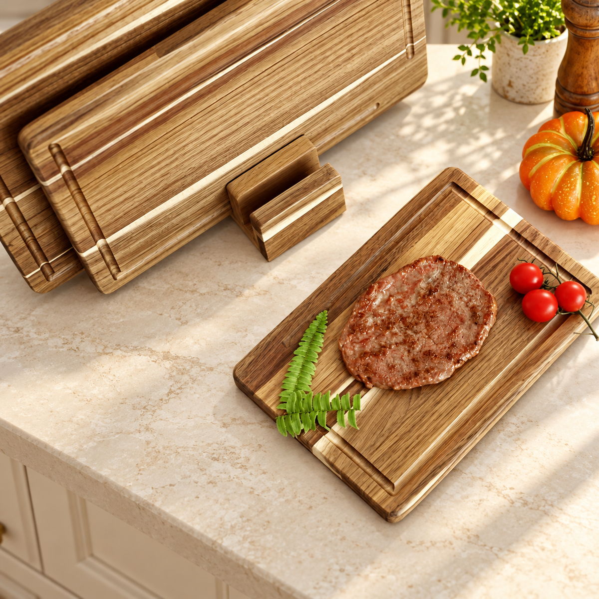 3-Piece Acacia Wood Cutting Board Set with Storage Stand